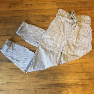 White and blue striped high wasted pants